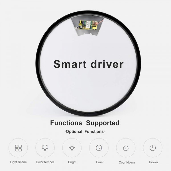 LVL LED 스마트 평면 천장 조명 WiFi Tuya 앱 AI 음성 제어 Alexa Echo Google 홈 24W 라운드 D30cm 디 밍이 가능한 현대 표면 실장 천장 조명 거실 주방 침실 사무실 (블랙)