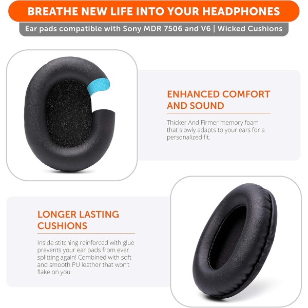 Sony MDR 7506용 WC Wicked Cushions 교체용 이어 패드 | 더 부드러운 가죽, 고급스러운 메모리 폼, 타의 추종을 불허하는 내구성 | MDR 7506 / MDR V6 / MDR CD900ST(검은색)와 호환 가능