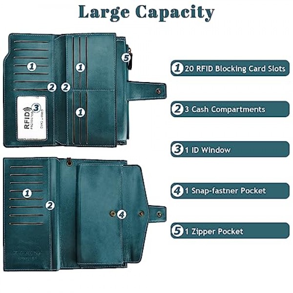 AOVNEA RFID 보호 및 손목 스트랩이 포함된 여성용 대용량 지갑, 여러 개의 카드 슬롯 및 기저귀 교환 공간이 있는 매끄럽고 부드러운 가죽 지갑, 블루