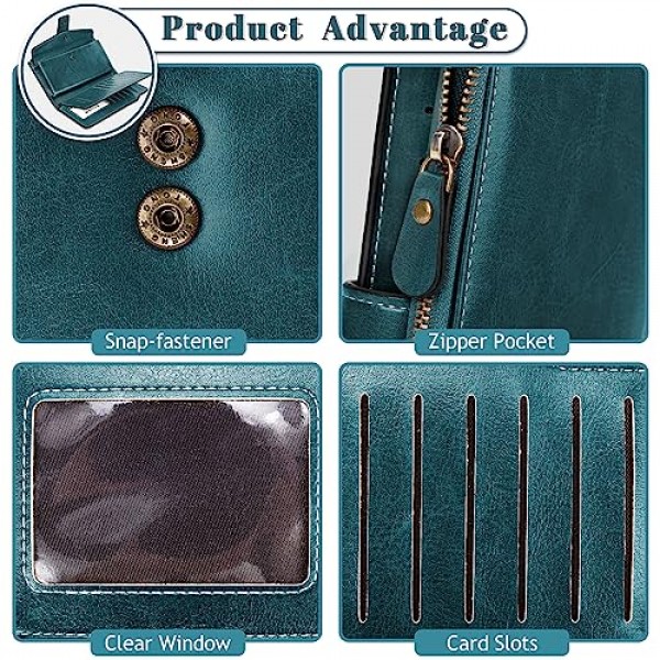AOVNEA RFID 보호 및 손목 스트랩이 포함된 여성용 대용량 지갑, 여러 개의 카드 슬롯 및 기저귀 교환 공간이 있는 매끄럽고 부드러운 가죽 지갑, 블루