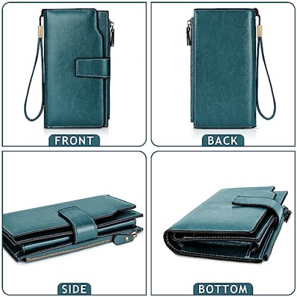 AOVNEA RFID 보호 및 손목 스트랩이 포함된 여성용 대용량 지갑, 여러 개의 카드 슬롯 및 기저귀 교환 공간이 있는 매끄럽고 부드러운 가죽 지갑, 블루