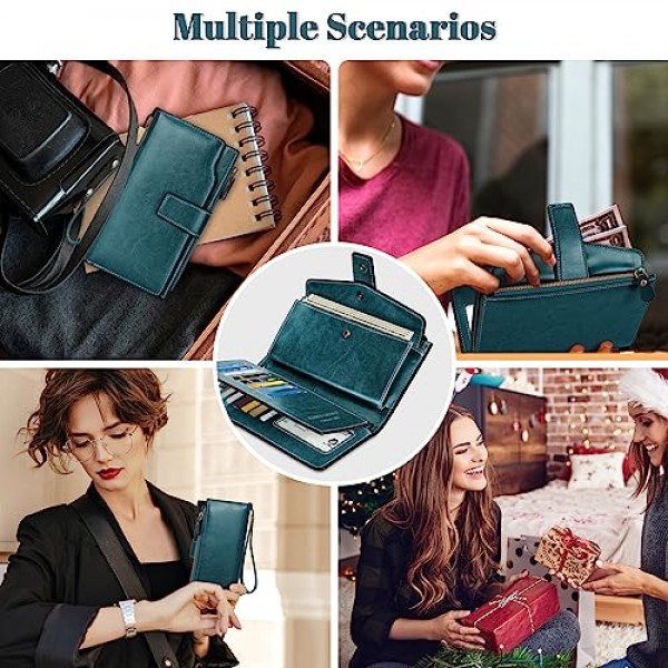 AOVNEA RFID 보호 및 손목 스트랩이 포함된 여성용 대용량 지갑, 여러 개의 카드 슬롯 및 기저귀 교환 공간이 있는 매끄럽고 부드러운 가죽 지갑, 블루