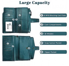AOVNEA RFID 보호 및 손목 스트랩이 포함된 여성용 대용량 지갑, 여러 개의 카드 슬롯 및 기저귀 교환 공간이 있는 매끄럽고 부드러운 가죽 지갑, 블루