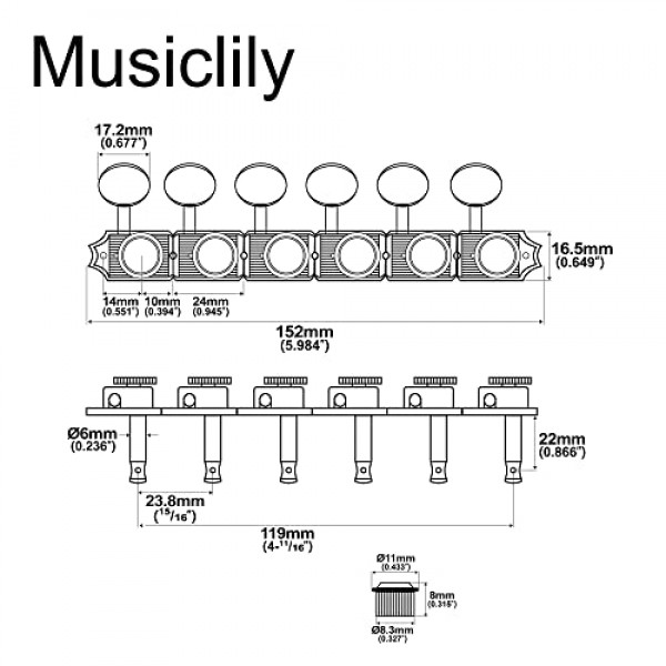 Musiclily Pro 6 인라인 빈티지 기타 잠금 튜너 스트링 튜닝 페그 키 펜더 스콰이어 클래식 바이브 스트랫/텔레 일렉트릭 기타용 머신 헤드 세트, 타원형 플라스틱 버튼이 