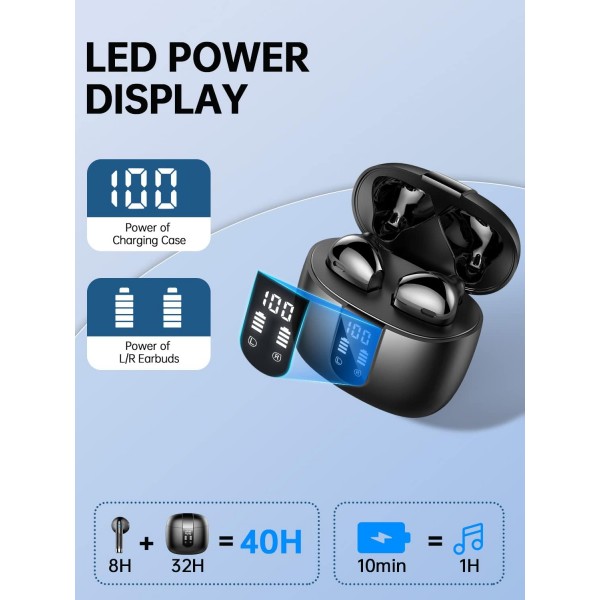 블루투스 헤드폰, 헤드폰 CVC8.0 마이크가 있는 무선 블루투스 5.3 인이어, 40H 무선 헤드폰 14.2mm 스테레오가 있는 소음 차단 이어버드, 2023 새로운 무선 헤드폰 IP7 방수 US