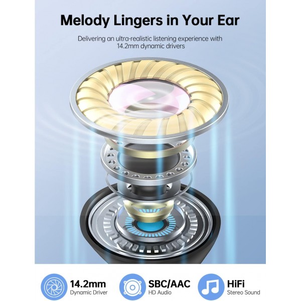 블루투스 헤드폰, 헤드폰 CVC8.0 마이크가 있는 무선 블루투스 5.3 인이어, 40H 무선 헤드폰 14.2mm 스테레오가 있는 소음 차단 이어버드, 2023 새로운 무선 헤드폰 IP7 방수 US