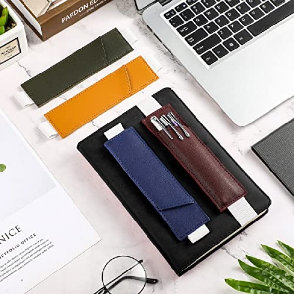Clabby 4 조각 노트북 탄성 스트랩 밴드 용 조정 가능한 펜 홀더 선물용 하드 커버 저널 용 PU 가죽 펜 슬리브 파우치, 8-1.5 인치 (녹색, 생강, 빨간색, 네이비 블루)