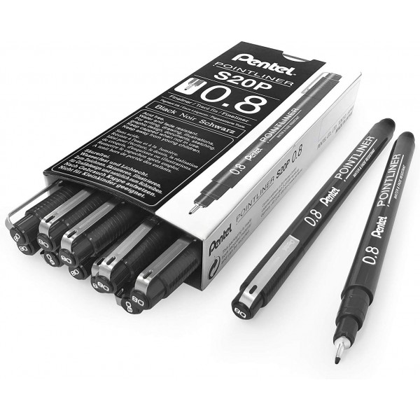 펜텔 - S20P 포인트라이너 안료 라이너 테크니컬 드로잉 파인라이너 펜 - 0.8mm - 블랙 잉크 - 12개 팩