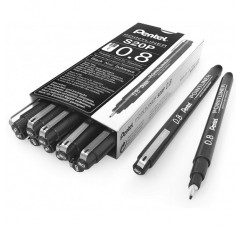 펜텔 - S20P 포인트라이너 안료 라이너 테크니컬 드로잉 파인라이너 펜 - 0.8mm - 블랙 잉크 - 12개 팩