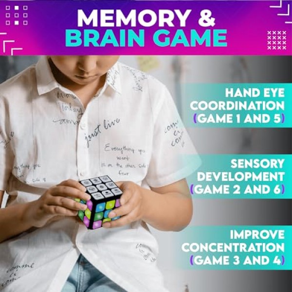 Toysery 플래싱 큐브 전자 메모리 및 두뇌 게임. 7-in-1 STEM 및 휴대용 학습. 8세 이상
