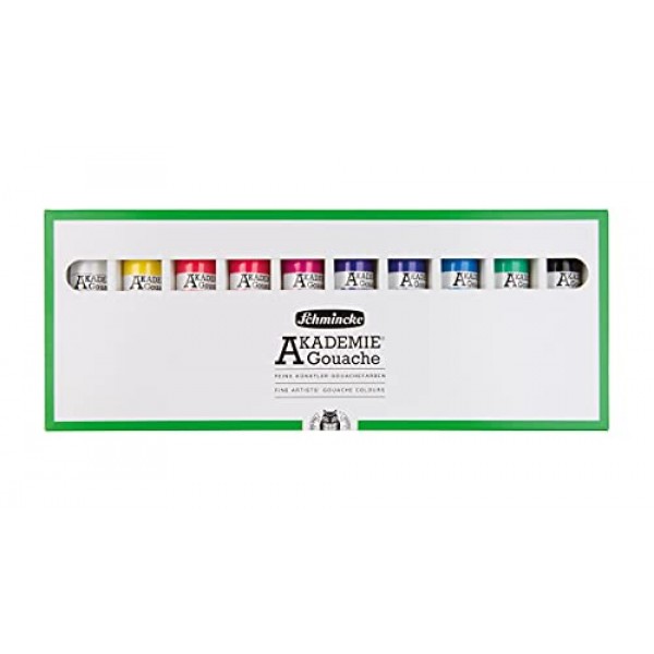 Schmincke - AKADEMIE® 구아슈, 10 x 2,03 fl oz / 60 ml 튜브, 72 210 097, 판지 세트에 미세한 구아슈 튜브 10개, 불투명, 무광택 및 강렬한 색상, 높은 내광성