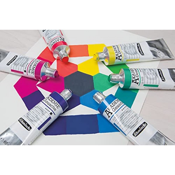 Schmincke - AKADEMIE® 구아슈, 10 x 2,03 fl oz / 60 ml 튜브, 72 210 097, 판지 세트에 미세한 구아슈 튜브 10개, 불투명, 무광택 및 강렬한 색상, 높은 내광성
