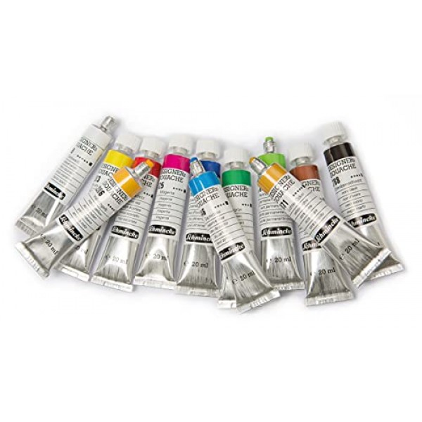 Schmincke - AKADEMIE® 구아슈, 10 x 2,03 fl oz / 60 ml 튜브, 72 210 097, 판지 세트에 미세한 구아슈 튜브 10개, 불투명, 무광택 및 강렬한 색상, 높은 내광성