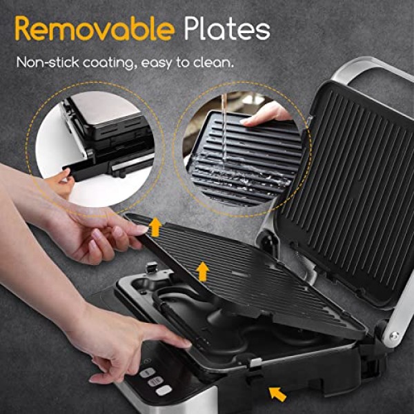 Taylor Swoden 10 in 1 파니니 프레스 샌드위치 메이커, 1600W 전기 실내 그릴, 붙지 않는 양면 플레이트, LED 터치 스크린, 독립 온도 조절 장치, 180도 열림, 스테인리스 스틸