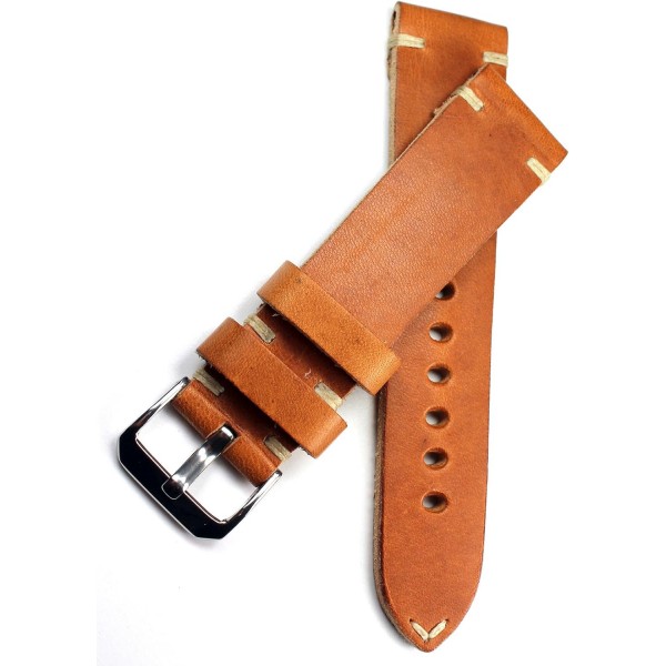 Rios 레트로 룩 가죽 시계 스트랩, 22mm, 핸드메이드, 화이트 스티치가 있는 라이트 브라운