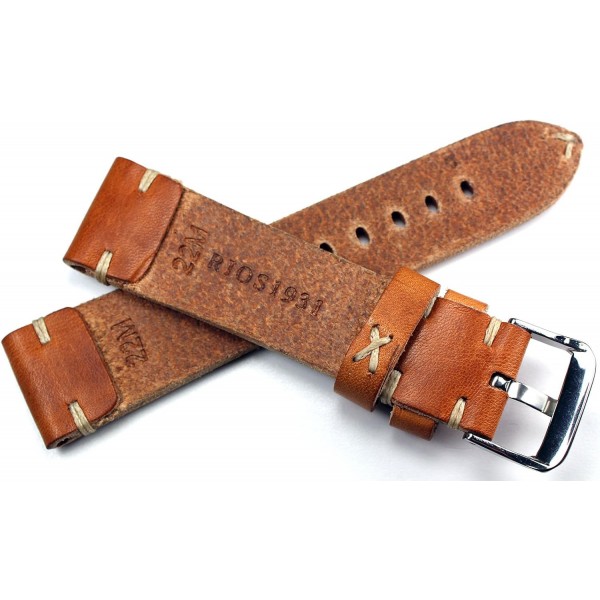 Rios 레트로 룩 가죽 시계 스트랩, 22mm, 핸드메이드, 화이트 스티치가 있는 라이트 브라운