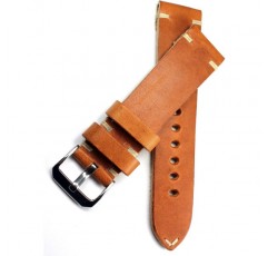 Rios 레트로 룩 가죽 시계 스트랩, 22mm, 핸드메이드, 화이트 스티치가 있는 라이트 브라운