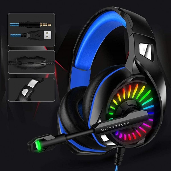 PS4용 WZTO 게임용 헤드셋, 마이크가 있는 Xbox One 게임용 헤드폰 스테레오 서라운드 베이스 사운드 LED 조명이 있는 3.5mm 인터페이스 Nintendo Switch 모바일 컴퓨터용 전문 헤