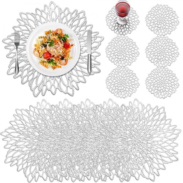 CHENGU 6 Pcs 라운드 프레스 비닐 플레이스 매트 금속 장소 매트 플레이스 매트 및 컵 받침을 포함한 6 Pcs 코스터 식탁 주방 장식용 미끄럼 방지 내열성 빨 테이블 매트 (