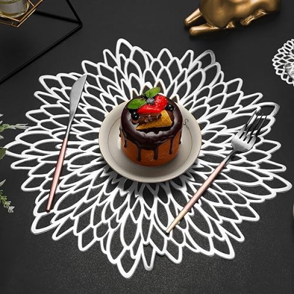 CHENGU 6 Pcs 라운드 프레스 비닐 플레이스 매트 금속 장소 매트 플레이스 매트 및 컵 받침을 포함한 6 Pcs 코스터 식탁 주방 장식용 미끄럼 방지 내열성 빨 테이블 매트 (