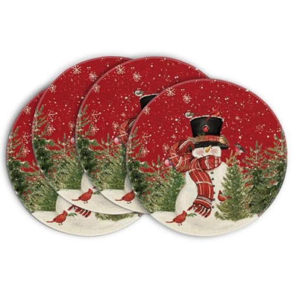 Artoid 모드 눈사람 추기경 나무 눈송이 크리스마스 라운드 Placemats 식사 장식을위한 4, 15 인치 겨울 라운드 테이블 매트 세트