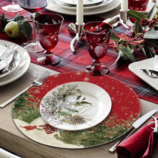 Artoid 모드 눈사람 추기경 나무 눈송이 크리스마스 라운드 Placemats 식사 장식을위한 4, 15 인치 겨울 라운드 테이블 매트 세트