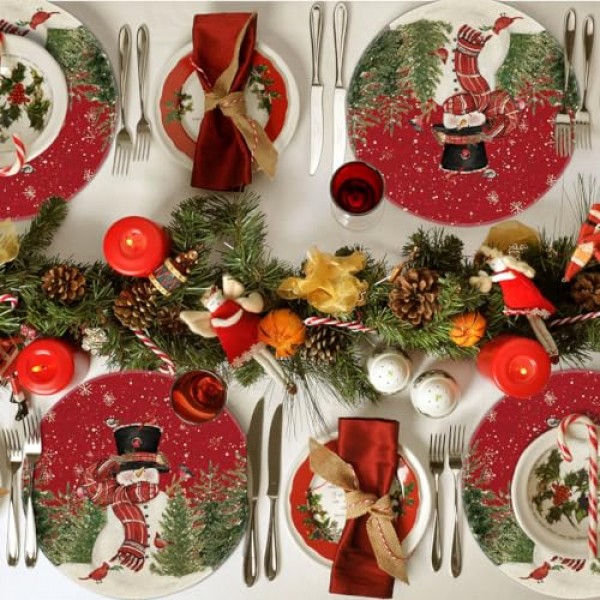 Artoid 모드 눈사람 추기경 나무 눈송이 크리스마스 라운드 Placemats 식사 장식을위한 4, 15 인치 겨울 라운드 테이블 매트 세트