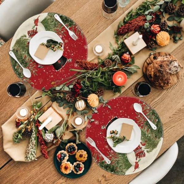 Artoid 모드 눈사람 추기경 나무 눈송이 크리스마스 라운드 Placemats 식사 장식을위한 4, 15 인치 겨울 라운드 테이블 매트 세트