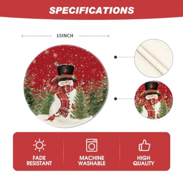 Artoid 모드 눈사람 추기경 나무 눈송이 크리스마스 라운드 Placemats 식사 장식을위한 4, 15 인치 겨울 라운드 테이블 매트 세트