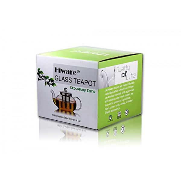 스테인레스 스틸 주입기 및 뚜껑이 있는 Hiware 유리 찻주전자, 붕규산 유리 찻주전자 쿡탑 안전, 블루밍 & 느슨한 잎 찻주전자, 27온스