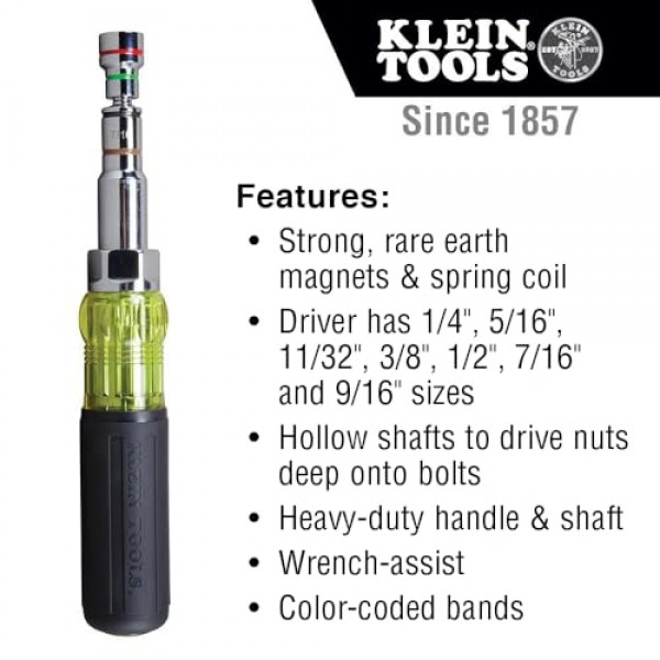 Klein Tools 32807MAG 7-in-1 너트 드라이버, 자기 드라이버에는 SAE 육각 너트 크기 1/4~9/16인치, 토크 추가를 위한 쿠션 그립 핸들 포함