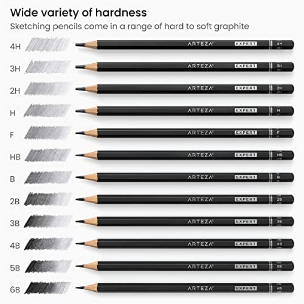 Arteza 전문 드로잉 스케치 연필 12개 세트, 중형(6B - 4H), 드로잉 아트용 미술 용품, 스케치, 셰이딩, 초보자 및 프로 아티스트를 위한 아티스트 연필