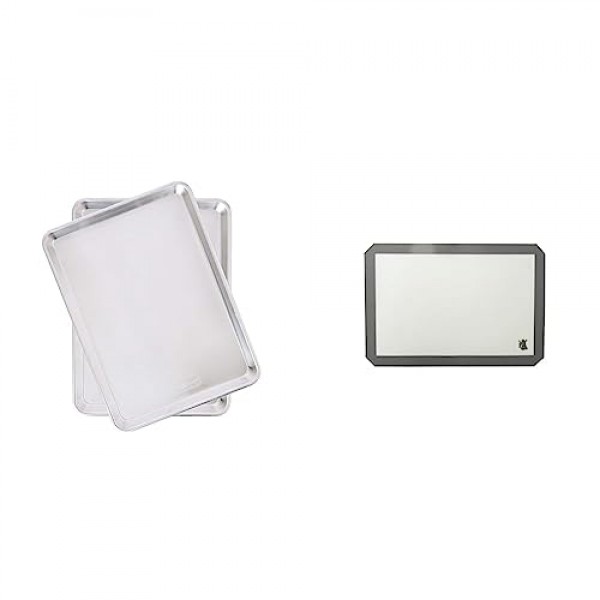 Nordic Ware 천연 알루미늄 상업용 베이커용 하프 시트, 2팩, 실버 및 디럭스 실리콘 논스틱 매트, 16 x 11인치, 스톰 그레이