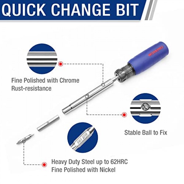 WORKPRO 11-in-1 스크루드라이버/너트 드라이버 세트 도구 쿠션 그립, 올인원 멀티 비트, 휴대용 스크루 드라이버, 8비트(필립스/슬롯형/Torx/사각형), 너트 드라이버 크기 3