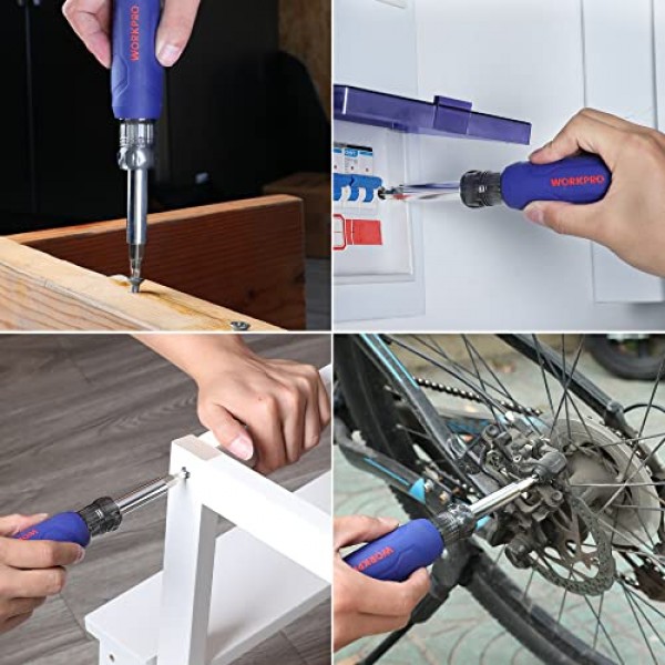 WORKPRO 11-in-1 스크루드라이버/너트 드라이버 세트 도구 쿠션 그립, 올인원 멀티 비트, 휴대용 스크루 드라이버, 8비트(필립스/슬롯형/Torx/사각형), 너트 드라이버 크기 3