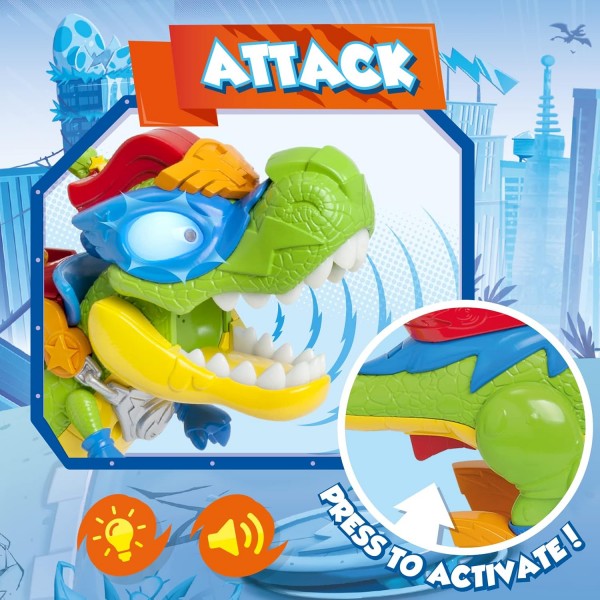 SUPERTHINGS KABOOM의 라이벌, H-Rex Superdino - 빛과 음향 효과가 있는 관절형 영웅 공룡, 독점 Kazoom Kid 1개 및 독점 SuperThing 1개