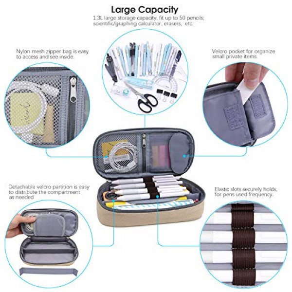 Aiscocool 대용량 연필 케이스 홀더 캔버스 가방 펜 정리 파우치 편지지 상자 옥스포드 천 학교 용품 대용량 보관함 학교 사무용품 (카키색)