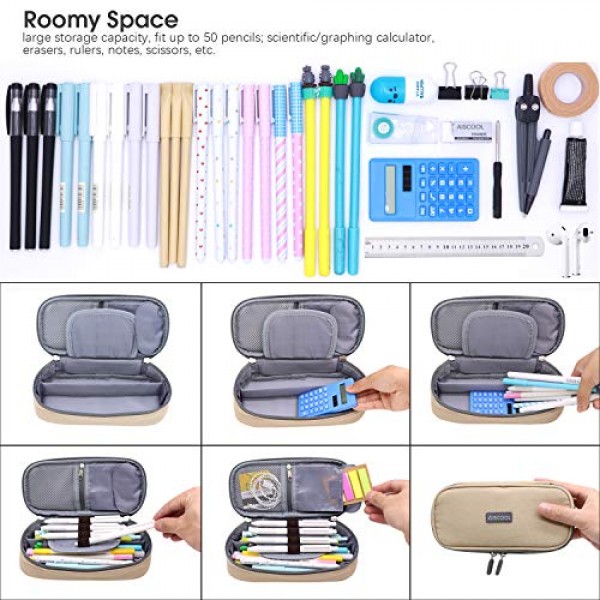 Aiscocool 대용량 연필 케이스 홀더 캔버스 가방 펜 정리 파우치 편지지 상자 옥스포드 천 학교 용품 대용량 보관함 학교 사무용품 (카키색)