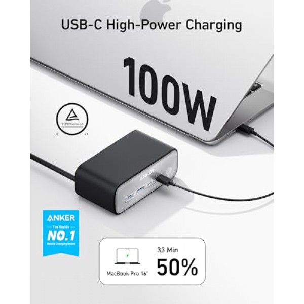 Anker 충전 스테이션(최대 100W), iPhone 15/14 및 Macbook Air/Pro용 7-in-1 USB C 전원 스트립, 5피트 얇은 코드, AC 3개, USB A 2개, USB C 2개, MacBook Pro용 전원 공급 데스크탑 액세서리 ,