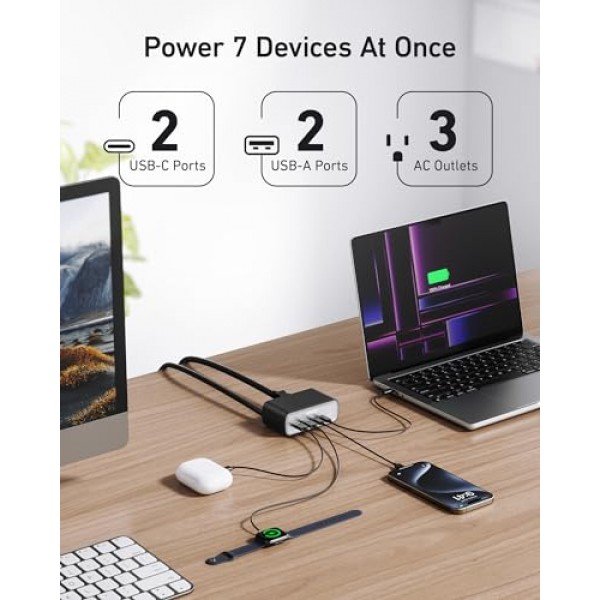 Anker 충전 스테이션(최대 100W), iPhone 15/14 및 Macbook Air/Pro용 7-in-1 USB C 전원 스트립, 5피트 얇은 코드, AC 3개, USB A 2개, USB C 2개, MacBook Pro용 전원 공급 데스크탑 액세서리 ,