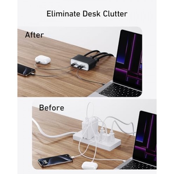Anker 충전 스테이션(최대 100W), iPhone 15/14 및 Macbook Air/Pro용 7-in-1 USB C 전원 스트립, 5피트 얇은 코드, AC 3개, USB A 2개, USB C 2개, MacBook Pro용 전원 공급 데스크탑 액세서리 ,