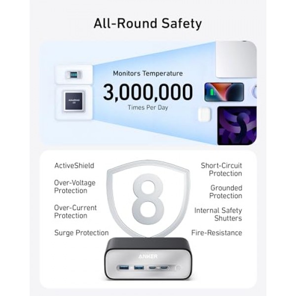 Anker 충전 스테이션(최대 100W), iPhone 15/14 및 Macbook Air/Pro용 7-in-1 USB C 전원 스트립, 5피트 얇은 코드, AC 3개, USB A 2개, USB C 2개, MacBook Pro용 전원 공급 데스크탑 액세서리 ,