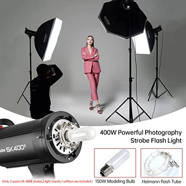 Godox 800Ws 2팩 SK400II 2.4G 스튜디오 스트로브 플래시 라이트 키트, GN65 5600K 모노라이트 Bowens 마운트 플래시(XT-16 송신기, 소프트박스, 라이트 스탠드, 반사경, 우산, 휴대