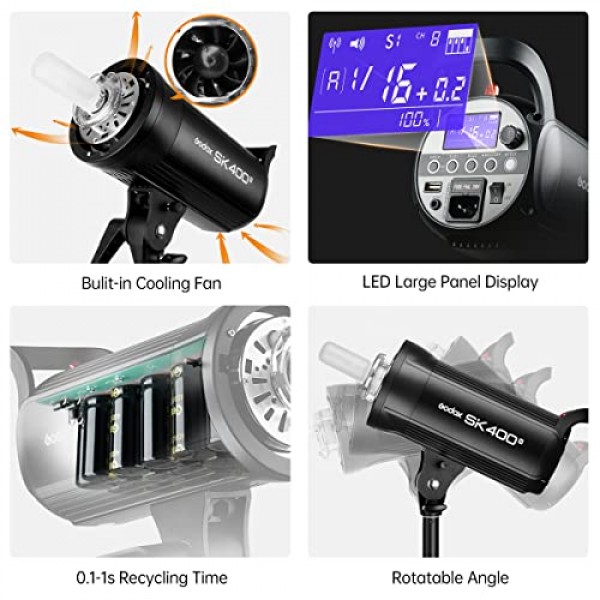 Godox 800Ws 2팩 SK400II 2.4G 스튜디오 스트로브 플래시 라이트 키트, GN65 5600K 모노라이트 Bowens 마운트 플래시(XT-16 송신기, 소프트박스, 라이트 스탠드, 반사경, 우산, 휴대