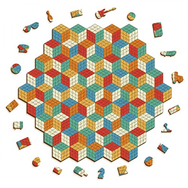 큐브 나무 직소 퍼즐 - 성인을 위한 복고풍 스타일의 재미있는 도전 게임 13.1' x 11.7' - GEMTURT PUZZLE의 독특한 모양 279개