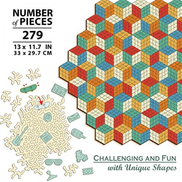 큐브 나무 직소 퍼즐 - 성인을 위한 복고풍 스타일의 재미있는 도전 게임 13.1' x 11.7' - GEMTURT PUZZLE의 독특한 모양 279개