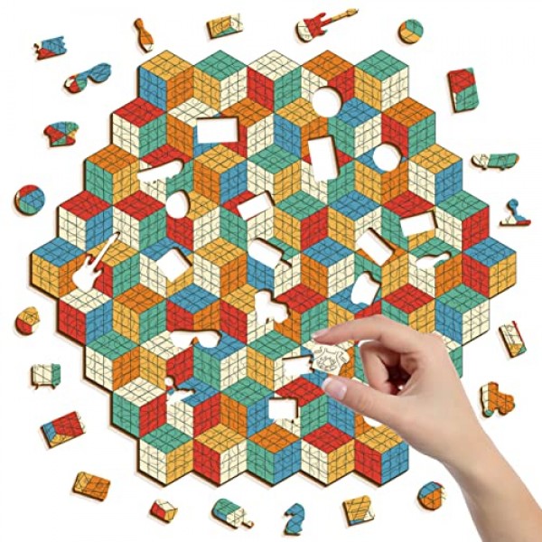 큐브 나무 직소 퍼즐 - 성인을 위한 복고풍 스타일의 재미있는 도전 게임 13.1' x 11.7' - GEMTURT PUZZLE의 독특한 모양 279개