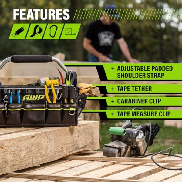 간편한 도구 접근을 위한 회전 손잡이가 있는 AWP 18인치 Pro 도구 토트, 방수 구조