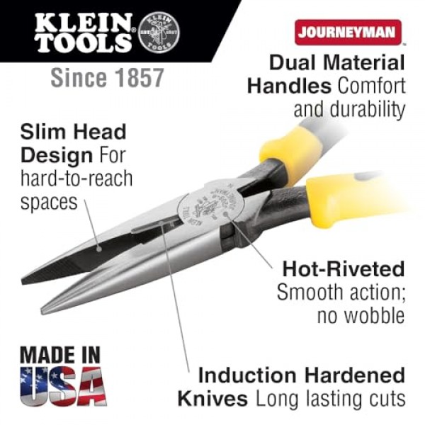 Klein Tools J203-6 바늘 노즈 플라이어, 긴 노즈 사이드 커터, 곡선 핸들이 있는 헤비 듀티 Journeyman 악어 플라이어, 6-3/4인치