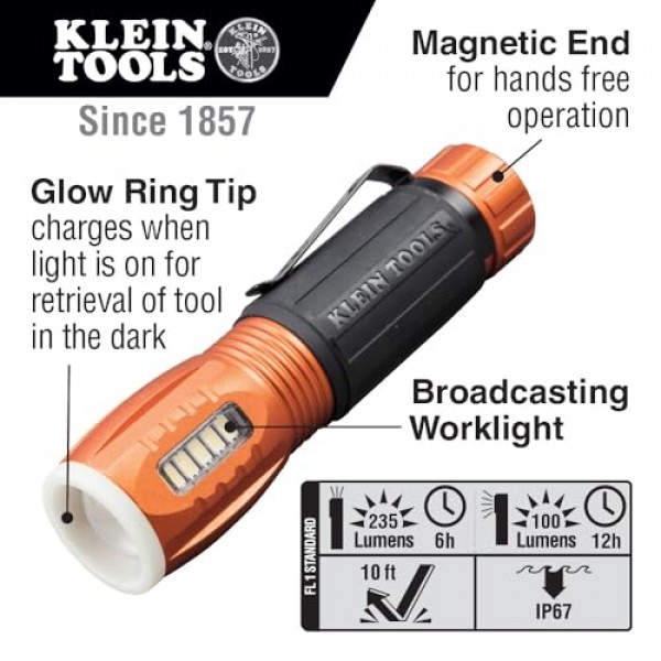 Klein Tools 56028 LED 손전등 및 작업 조명, 내구성, 방수, 소형, 핸즈프리 마그네틱 엔드, 12시간 작동, 작업 및 실외용